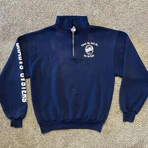 Vintage Jerzees Medium Shuck Me Suck Me Eat Me Bleach Blue Distressed Sweatshirt